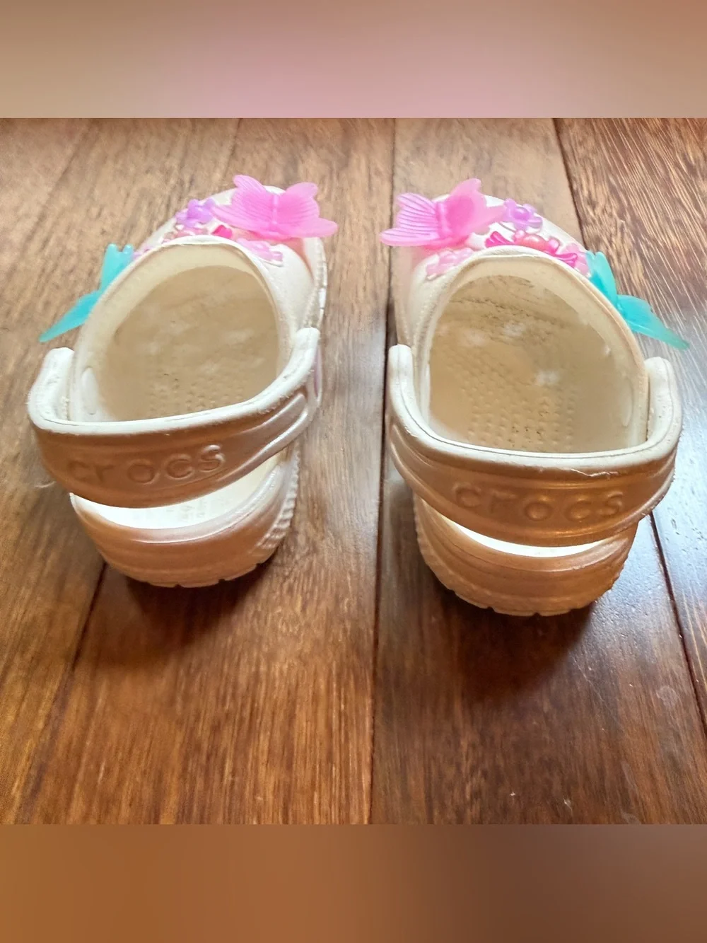 CROCS Kids Cream Garden Clog Sandals with Pink & Teal Butterfly Accents Size 5